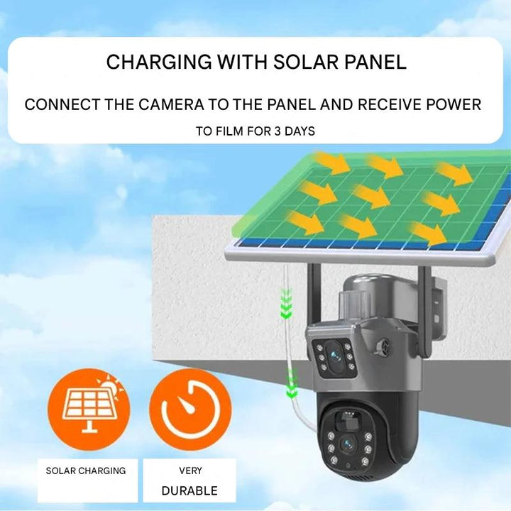 4K beveiligingscamera DualGuard, draadloos met zonnepaneel. Wifi/4G buitencamera voor helder zicht.