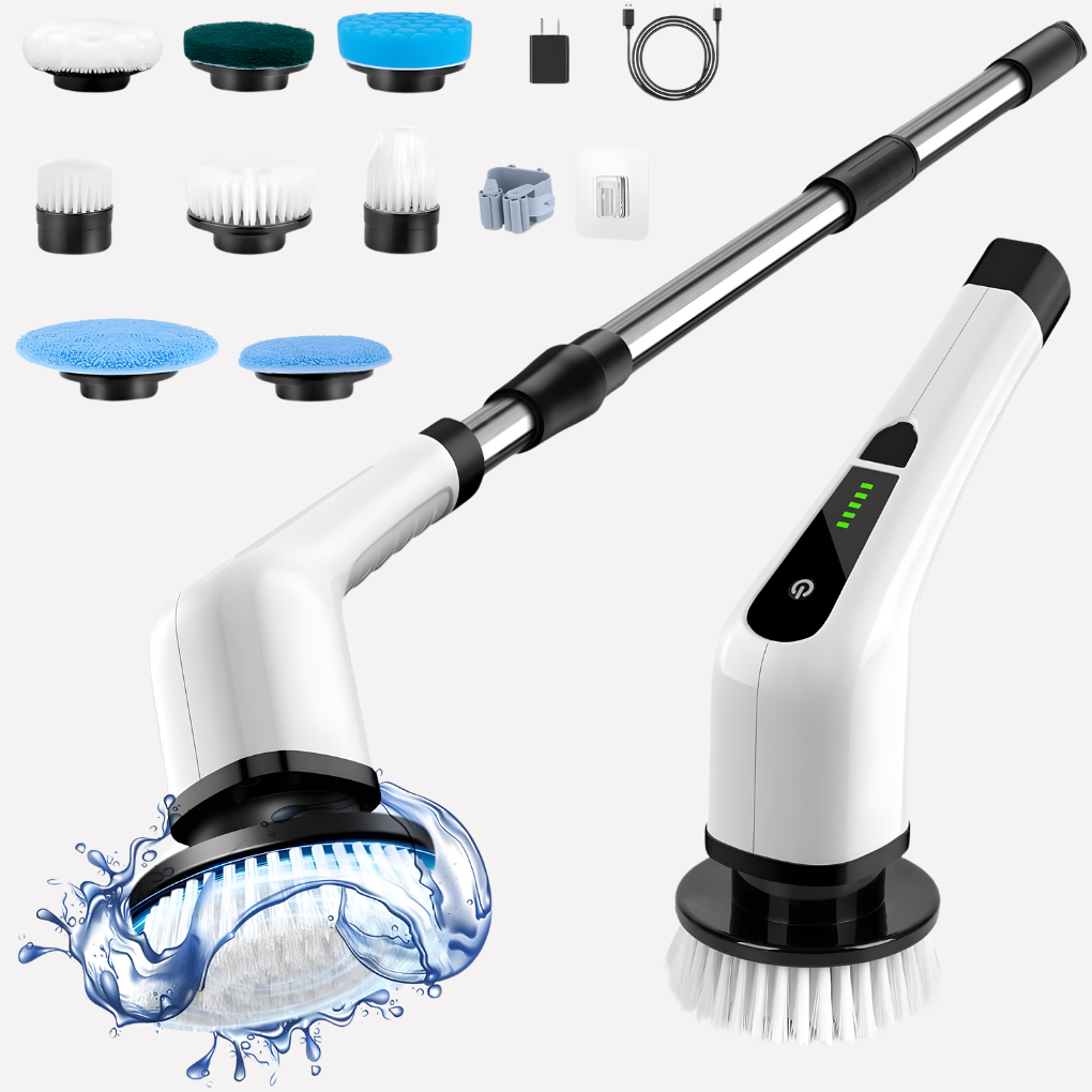 Draadloze elektrische reinigingsborstel met verwisselbare koppen voor diverse schoonmaaktaken in huis, badkamer en keuken.