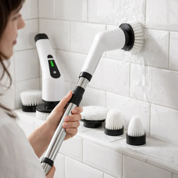 Elektrische reinigingsborstel voor een grondige schoonmaak van de badkamer, met draadloos gemak en roterende borstelkoppen.