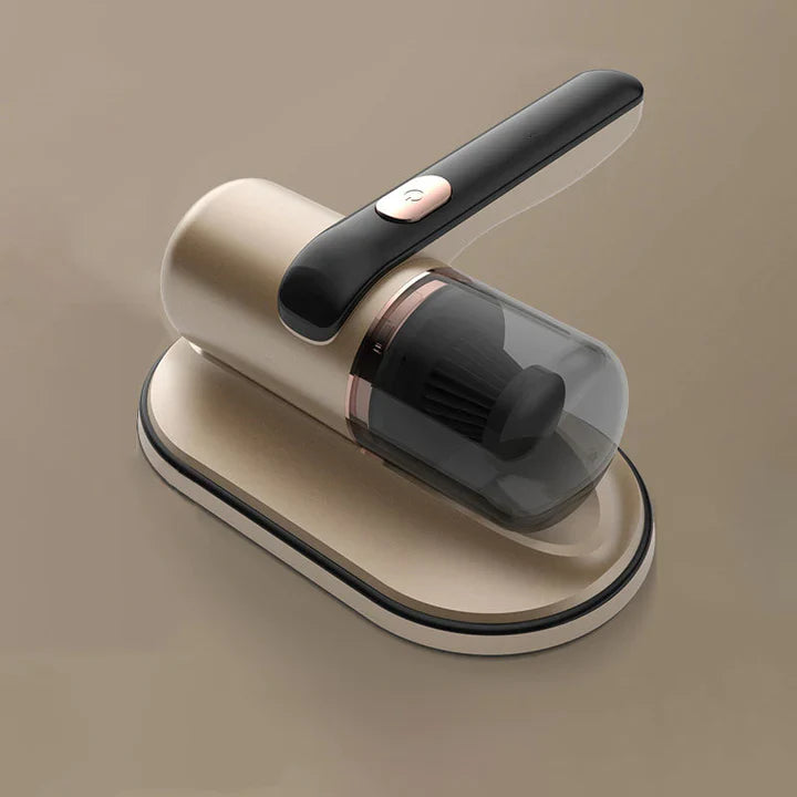 Draadloze huisstofmijt stofzuiger met UV-C lamp, compact design voor effectieve allergiebestrijding en schoonmaken.