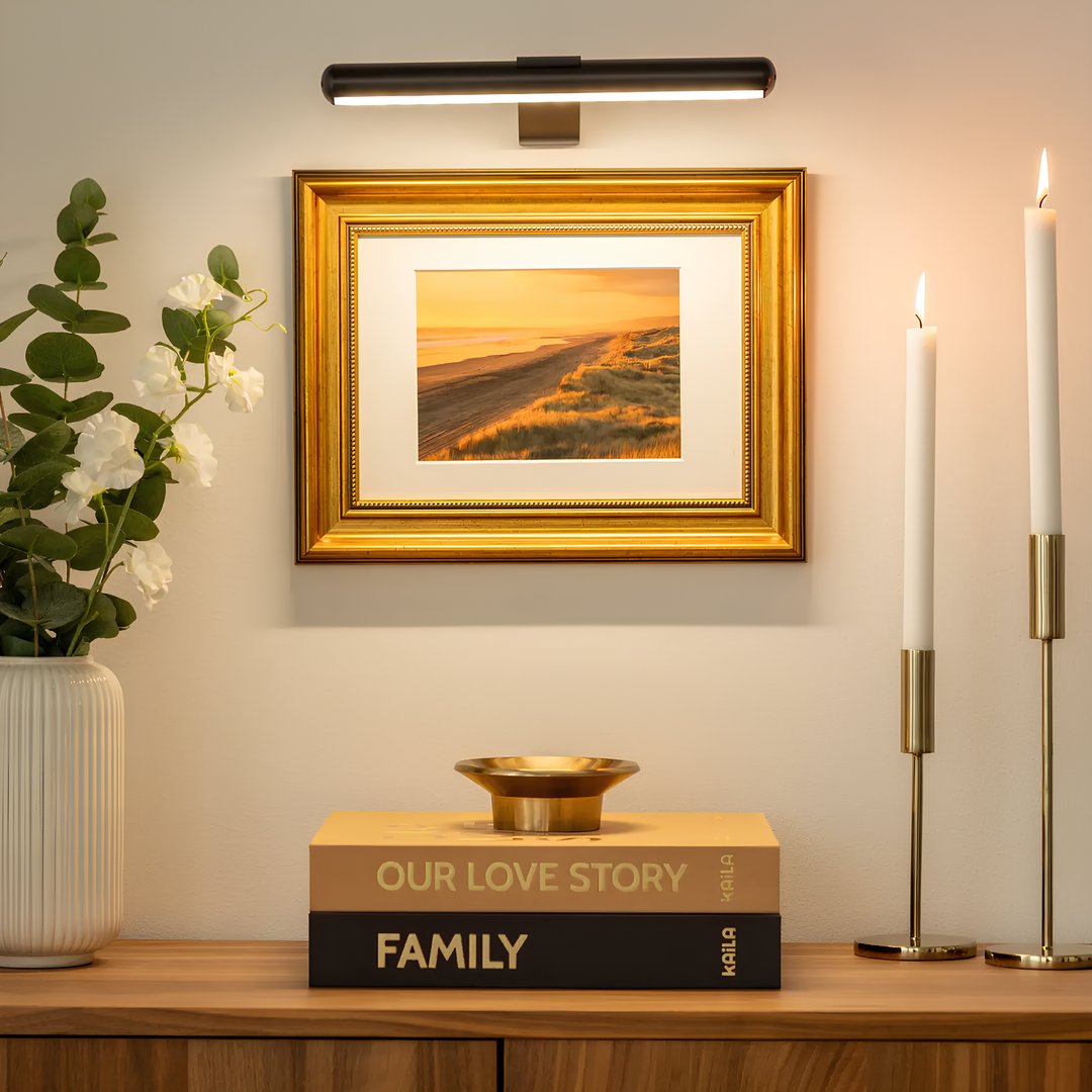 Draadloze LED schilderij wandlamp, oplaadbaar en dimbaar, modern design, ideaal voor kunstverlichting.