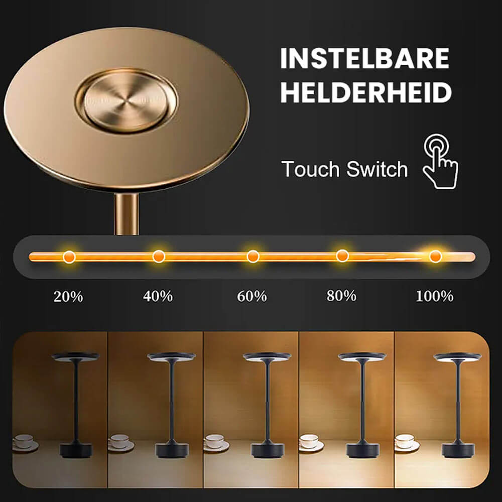 Moderne design LED tafellamp, draadloos en dimbaar, perfect voor sfeerverlichting binnen.
