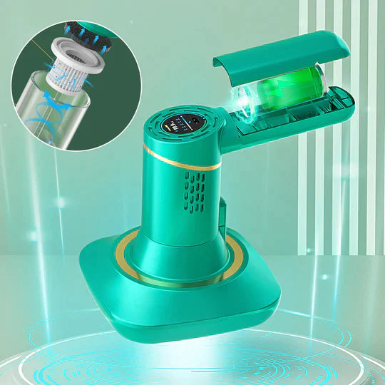 Draadloze stofzuiger groen-wit, krachtige zuigkracht voor huisstofmijtbestrijding, modern ontwerp, compact en licht.