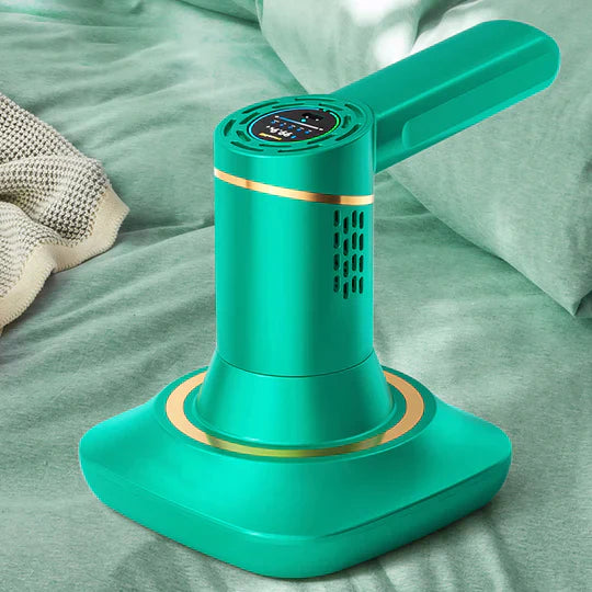 Draadloze stofzuiger groen-wit, krachtige zuigkracht voor huisstofmijtbestrijding, modern ontwerp, compact en licht.