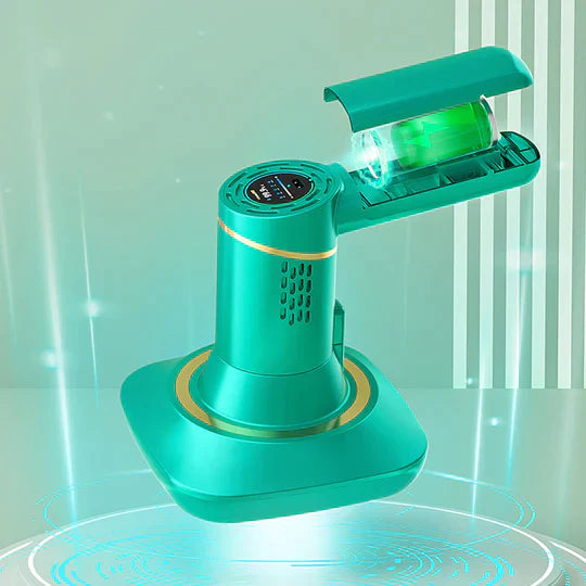 Draadloze stofzuiger groen-wit, krachtige zuigkracht voor huisstofmijtbestrijding, modern ontwerp, compact en licht.