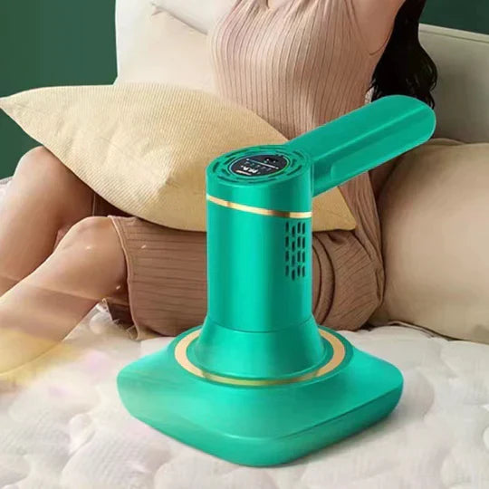 Draadloze stofzuiger groen-wit, krachtige zuigkracht voor huisstofmijtbestrijding, modern ontwerp, compact en licht.