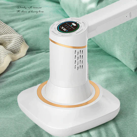 Draadloze stofzuiger groen-wit, krachtige zuigkracht voor huisstofmijtbestrijding, modern ontwerp, compact en licht.