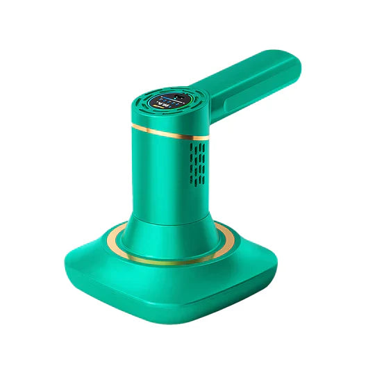 Draadloze stofzuiger groen-wit, krachtige zuigkracht voor huisstofmijtbestrijding, modern ontwerp, compact en licht.
