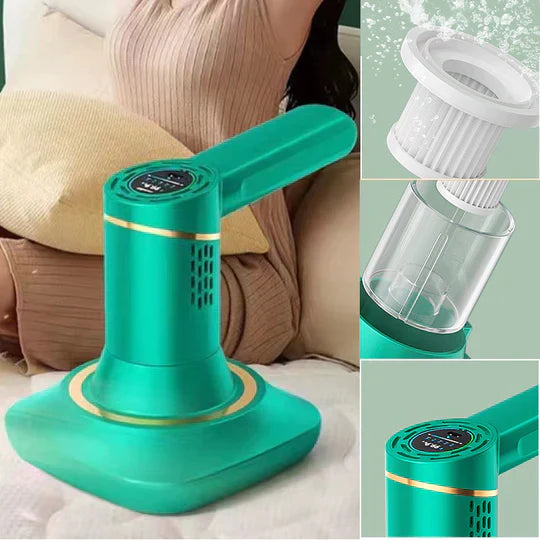 Draadloze stofzuiger groen-wit, krachtige zuigkracht voor huisstofmijtbestrijding, modern ontwerp, compact en licht.