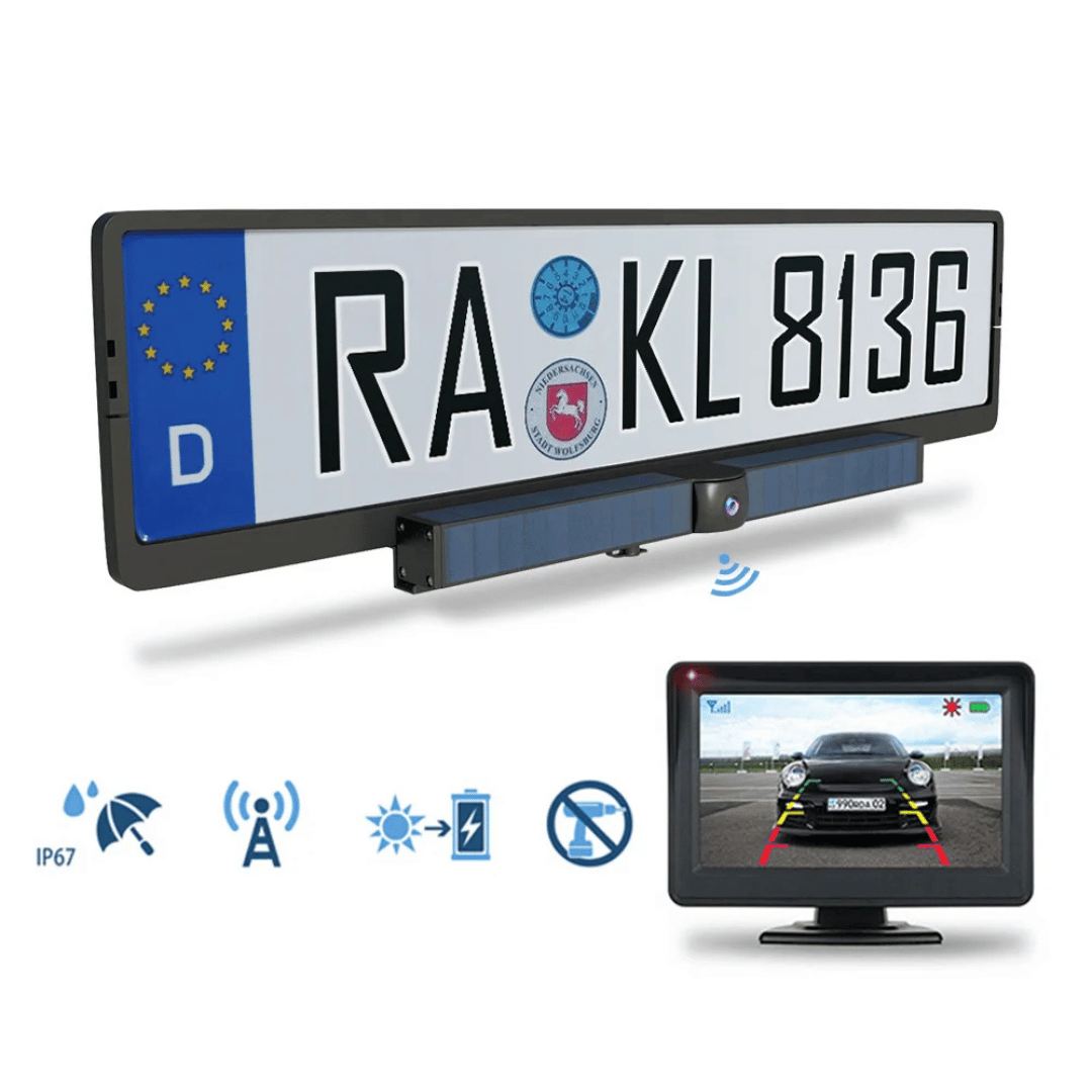 Draadloze HD auto achteruitrijcamera op zonne-energie. Waterdicht IP67 voor veilige parkeerhulp & voertuigveiligheid.