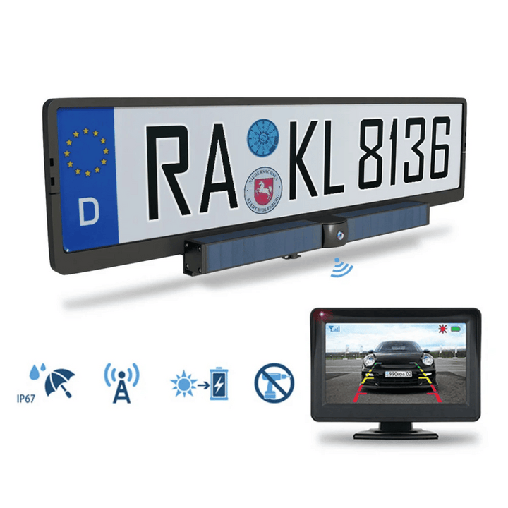 Draadloze HD auto achteruitrijcamera op zonne-energie. Waterdicht IP67 voor veilige parkeerhulp & voertuigveiligheid.