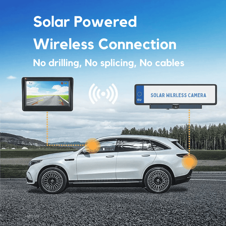 Premium auto achteruitrijcamera: zonne-energie, draadloos, HD, waterdicht IP67 & nachtzicht. Maximale veiligheid.