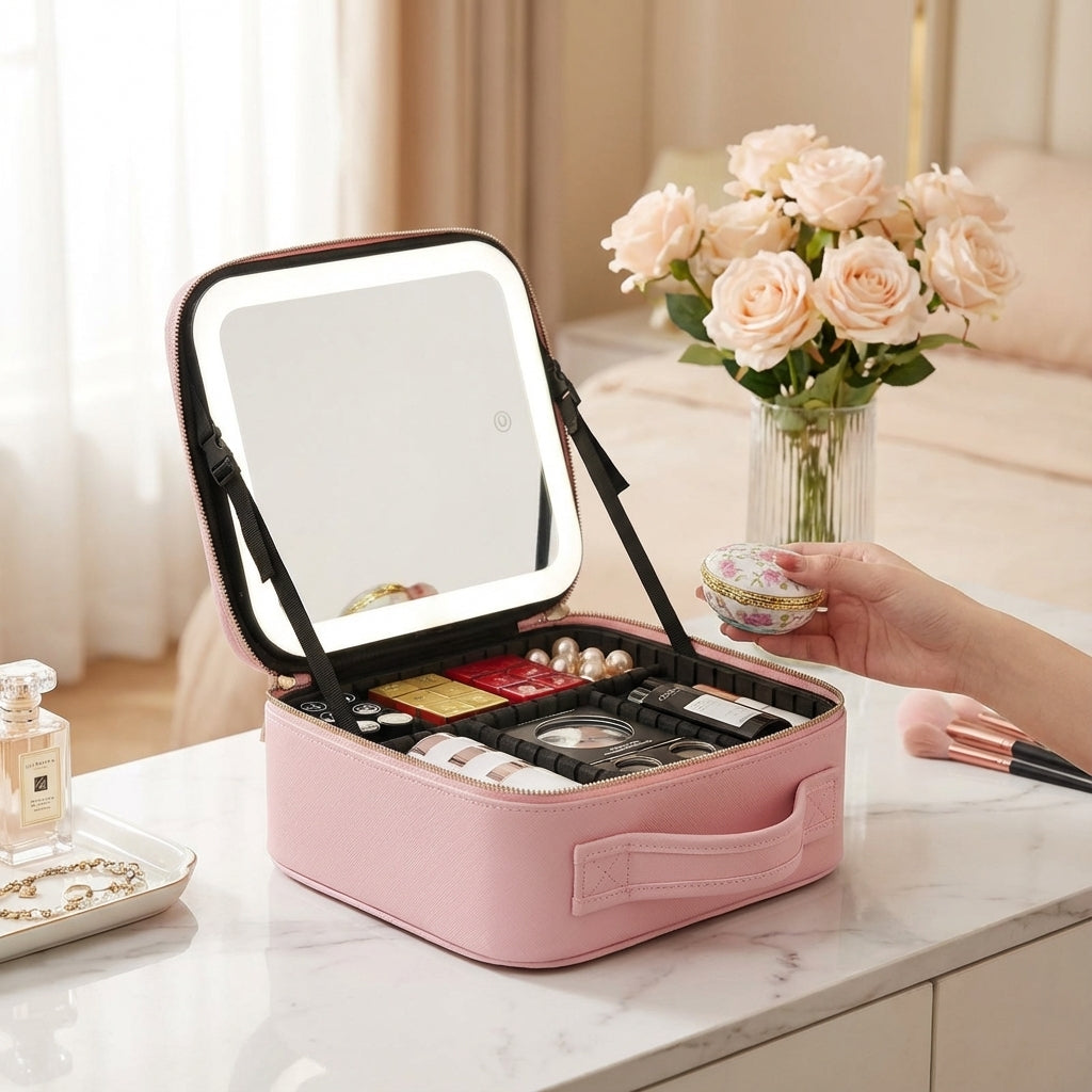 Draagbaar make-up station Brightique met heldere LED spiegel, ideaal voor cosmetica organisatie en reizen.