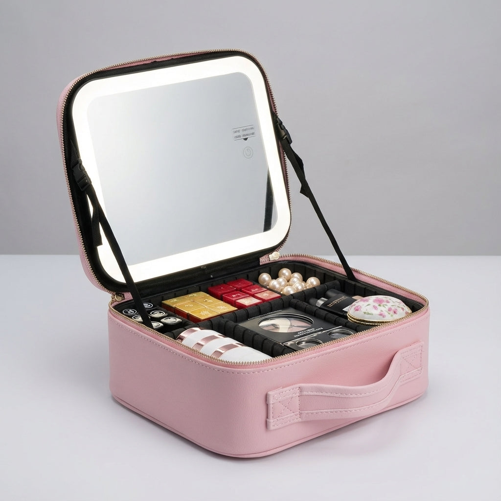 Compact gesloten draagbaar make-up station, perfect als reisopbergtas voor al je make-up en schoonheidsproducten.