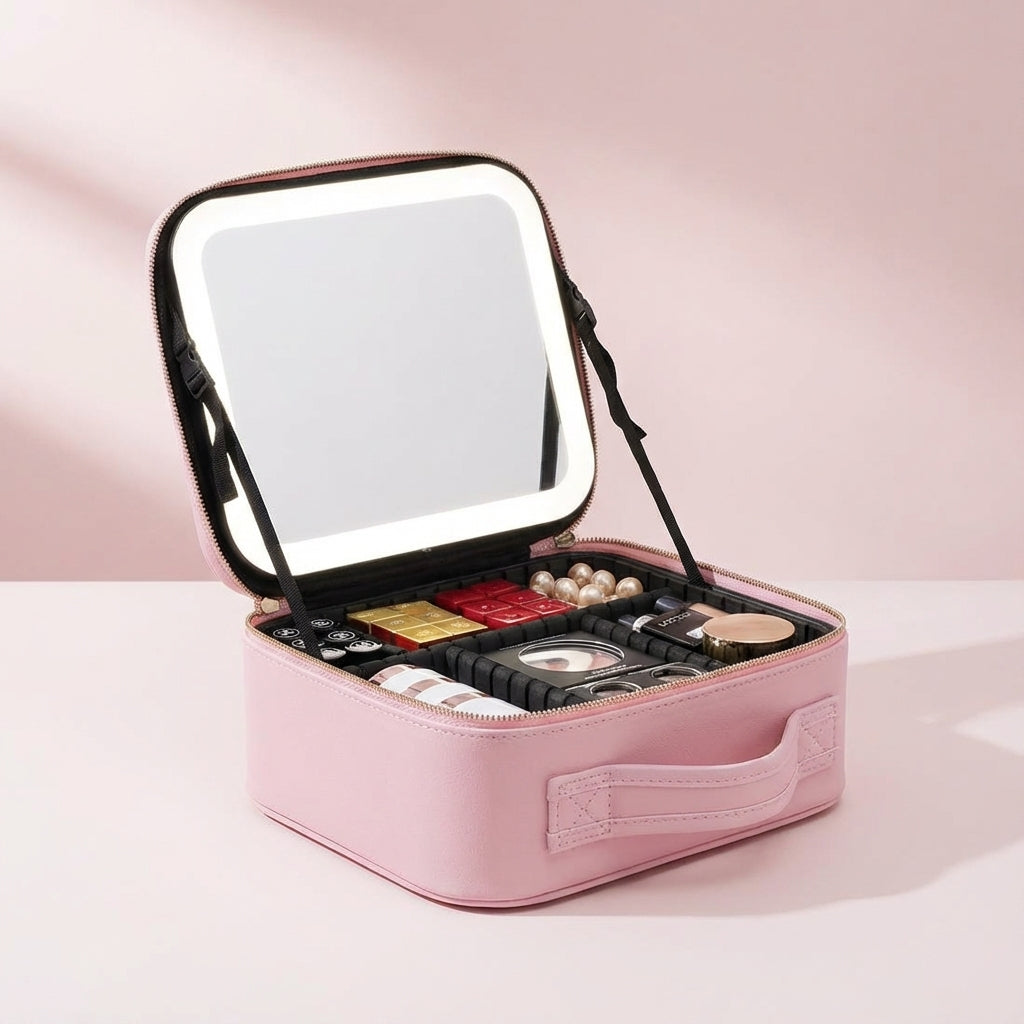 Interieur van het make-up station met slimme organizer compartimenten voor cosmetica, kwasten en accessoires.