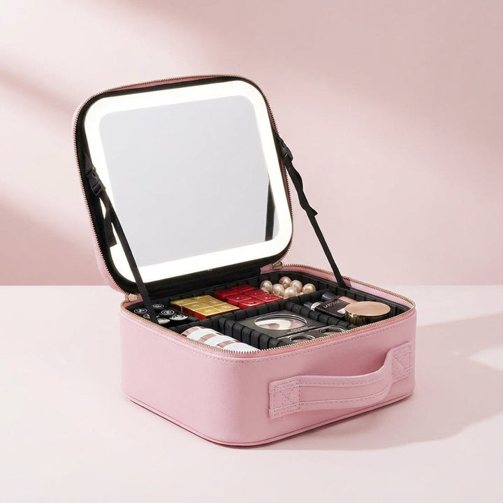 Interieur van het make-up station met slimme organizer compartimenten voor cosmetica, kwasten en accessoires.