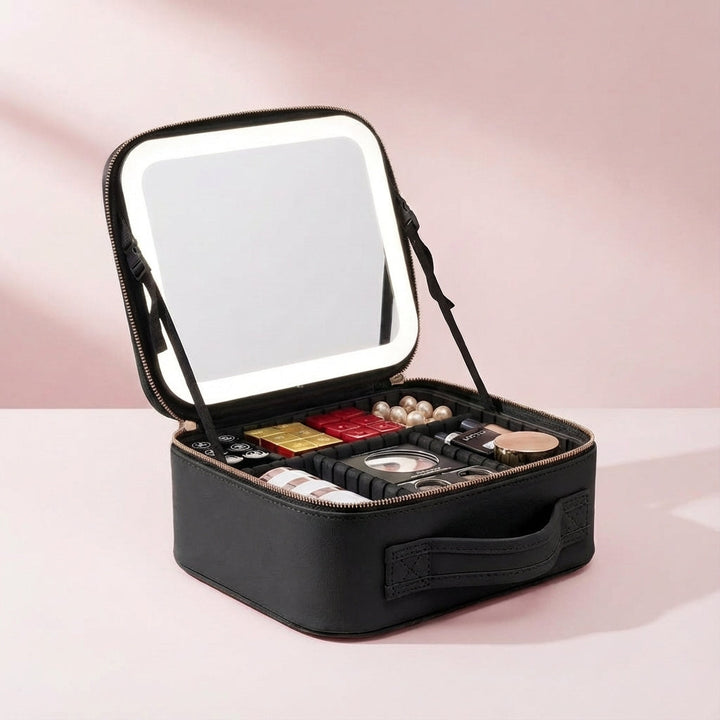 Make-up station met LED spiegel in een hotelkamer, ideaal voor reizen en het organiseren van schoonheidsproducten.