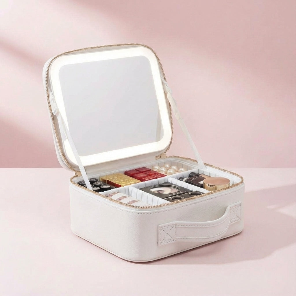 Detail van de dimbare LED spiegel van het make-up station, voor optimale verlichting bij het aanbrengen van make-up.