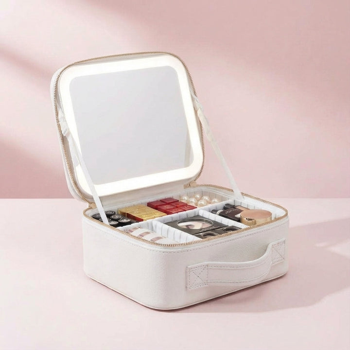 Detail van de dimbare LED spiegel van het make-up station, voor optimale verlichting bij het aanbrengen van make-up.