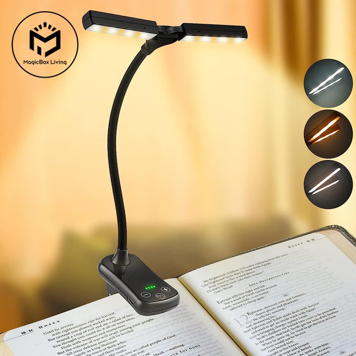 Draagbaar USB boeklampje met clip, dimbaar LED licht in 3 kleuren, ideaal voor lezen en studeren.