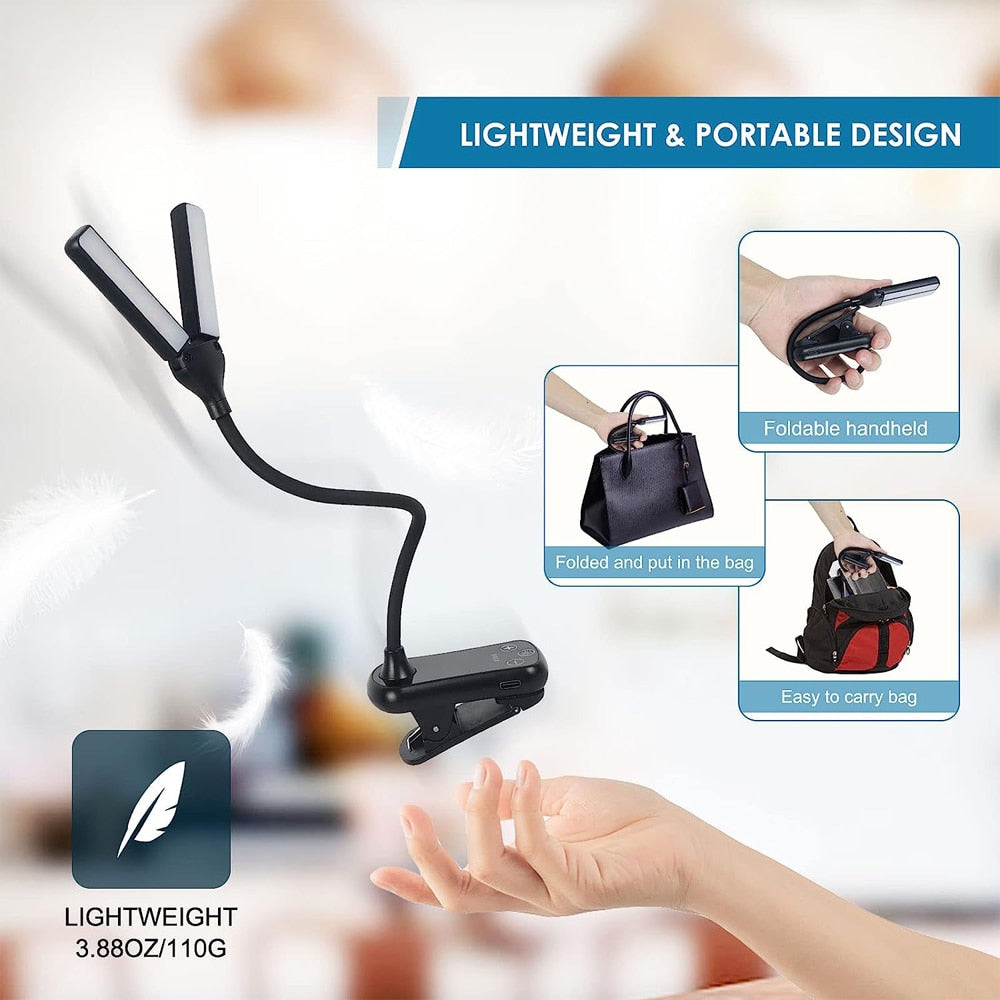 Flexibel boeklampje met clip voor e-readers en boeken, USB oplaadbaar, dimbaar LED leeslicht.
