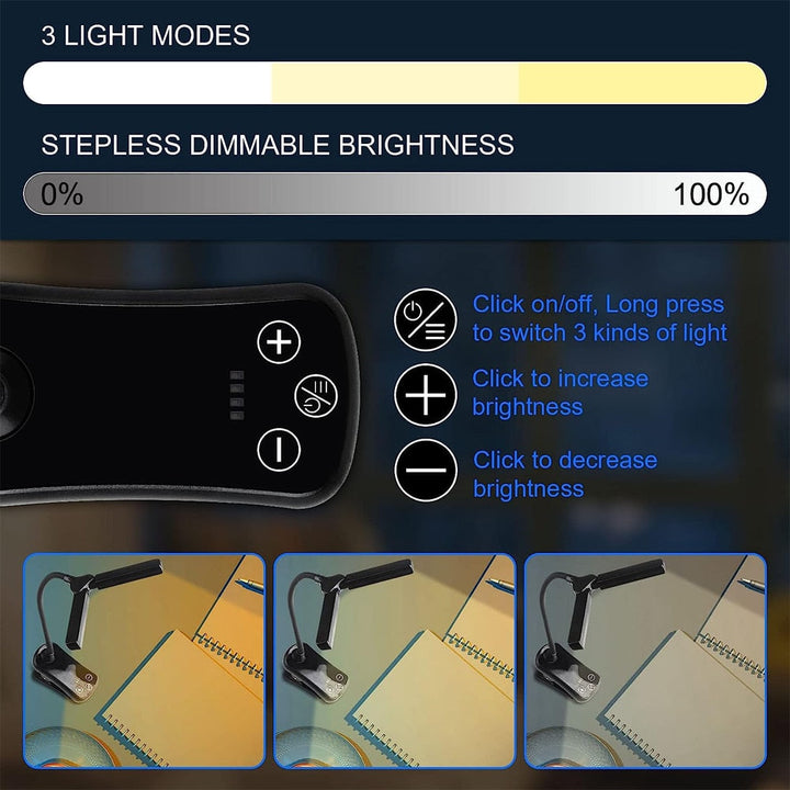 Modern USB leeslampje met clip, dimbaar, 3 kleuren LED, flexibele zwanenhals voor optimaal leescomfort.