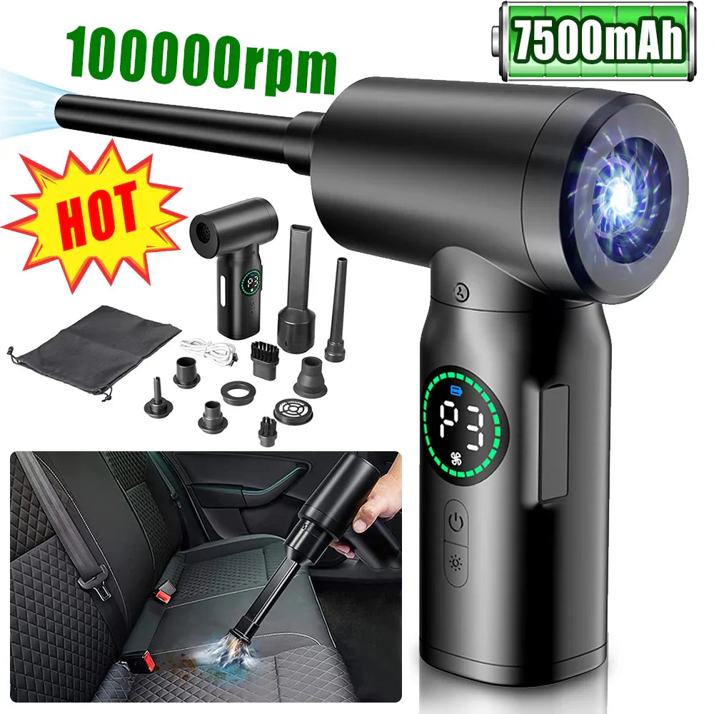 Draagbare 2-in-1 persluchtstofzuiger & blazer met LED-licht voor draadloze reiniging thuis & auto.