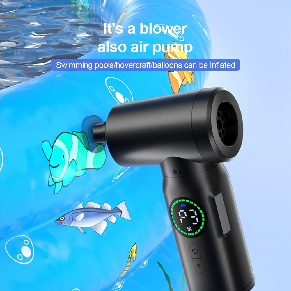 Krachtige AirMaster 2-in-1 luchtblazer & stofzuiger met LED voor diepe schoonmaak van auto & elektronica.