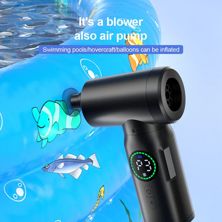 Krachtige AirMaster 2-in-1 luchtblazer & stofzuiger met LED voor diepe schoonmaak van auto & elektronica.