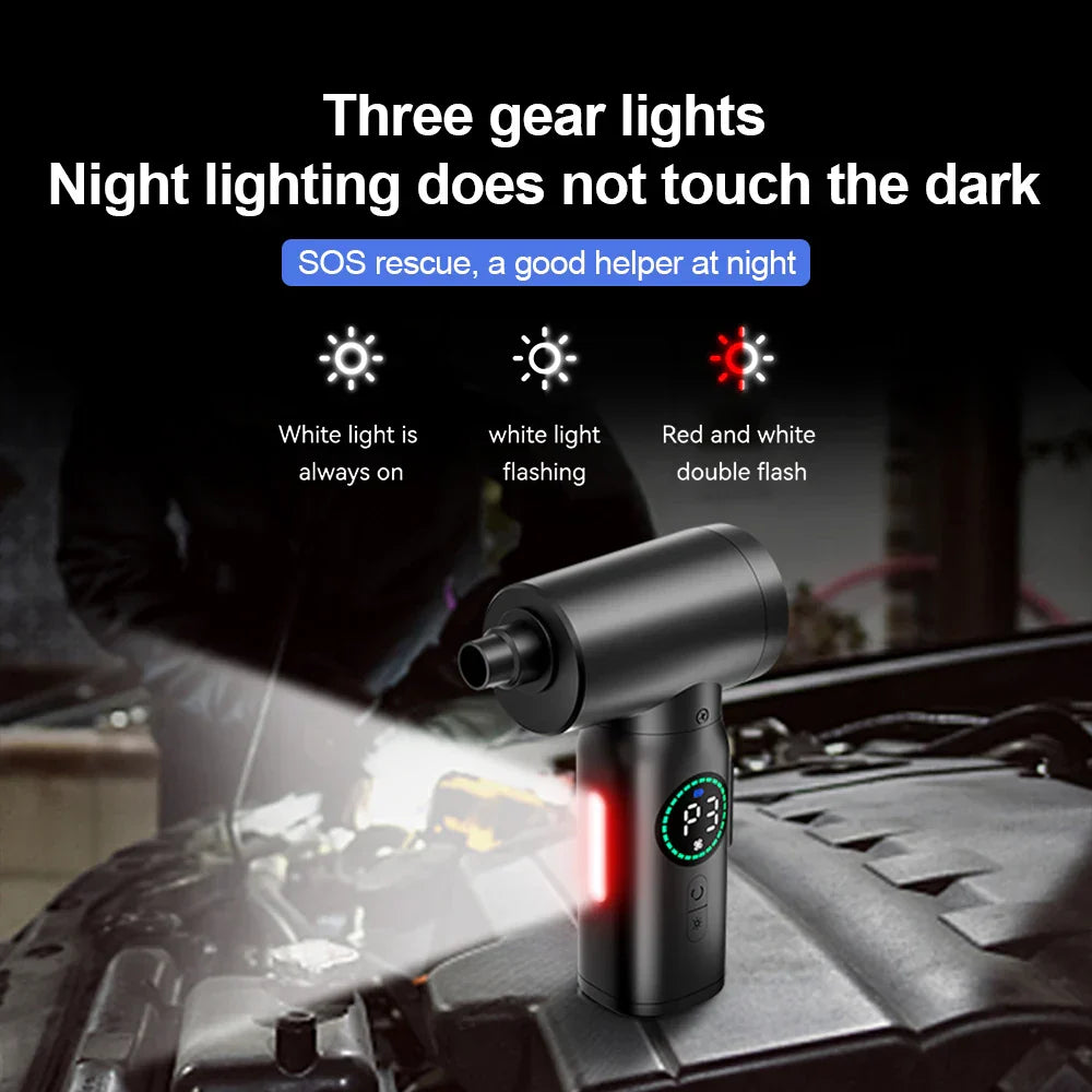 Compacte draadloze luchtblazer & persluchtstofzuiger met LED voor snelle auto schoonmaak, overal te gebruiken.
