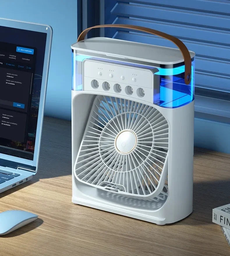 USB-aangedreven draagbare luchtkoeler met ventilator en bevochtiger. Ideaal voor thuis, kantoor of onderweg. Mini model.