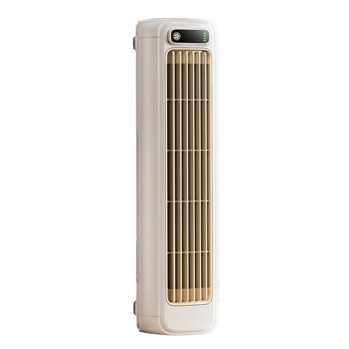 Detail van compacte beige draagbare airco ventilator, ideaal voor slaapkamer of werkkamer.