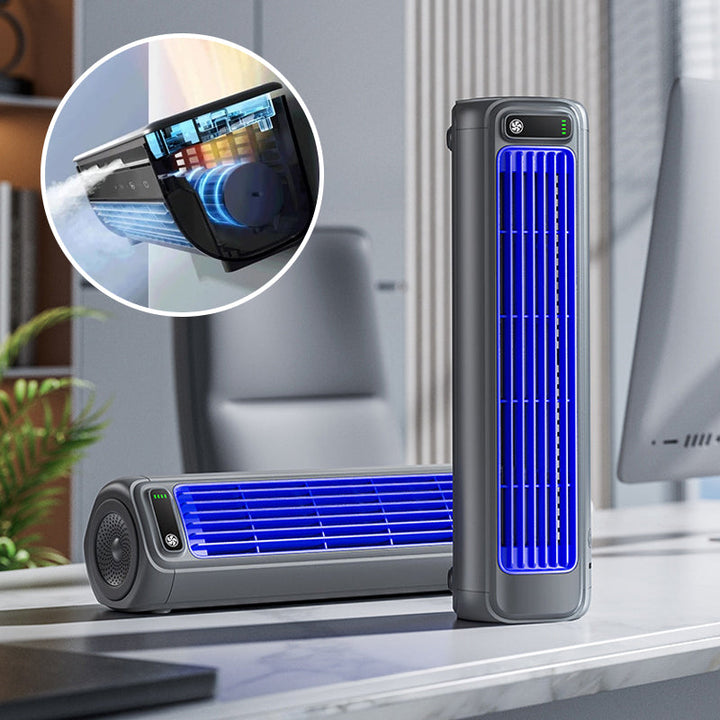 Compacte oplaadbare mobiele airco ventilator, ideaal voor reizen en kantoor in beige design.