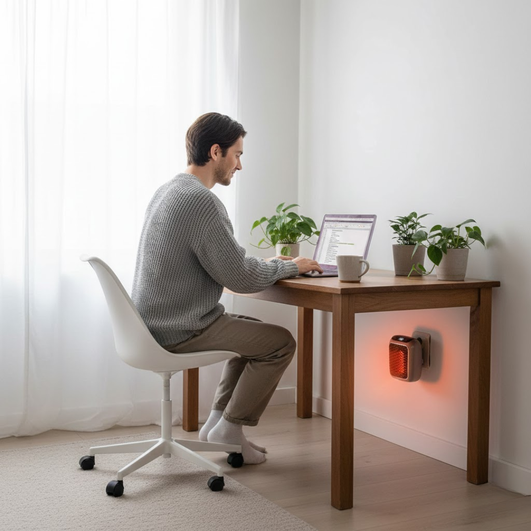 Compacte draagbare kachel voor flexibele ruimteverwarming, ideaal voor thuiswerkplek wintercomfort.