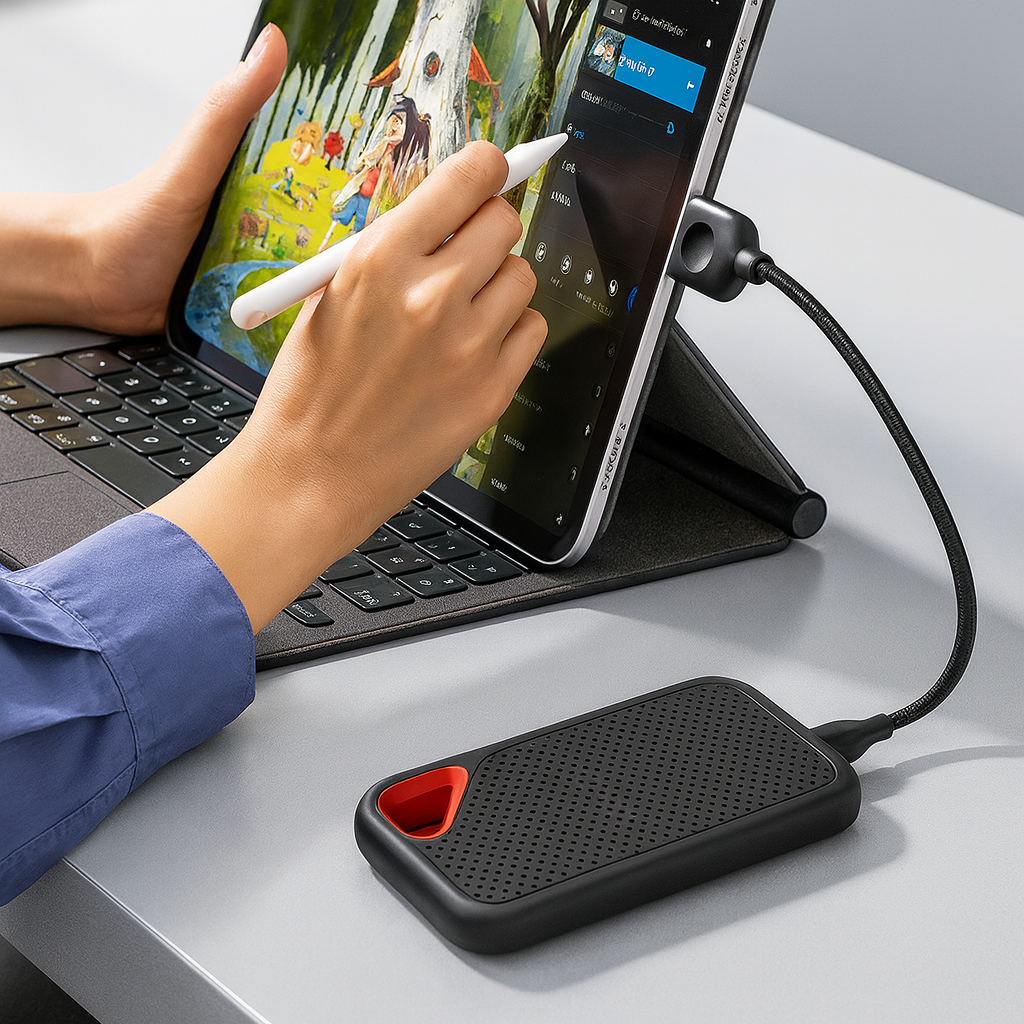 Slanke externe SSD 2TB met USB-C, perfect voor professionele databackups en snelle toegang tot bestanden.