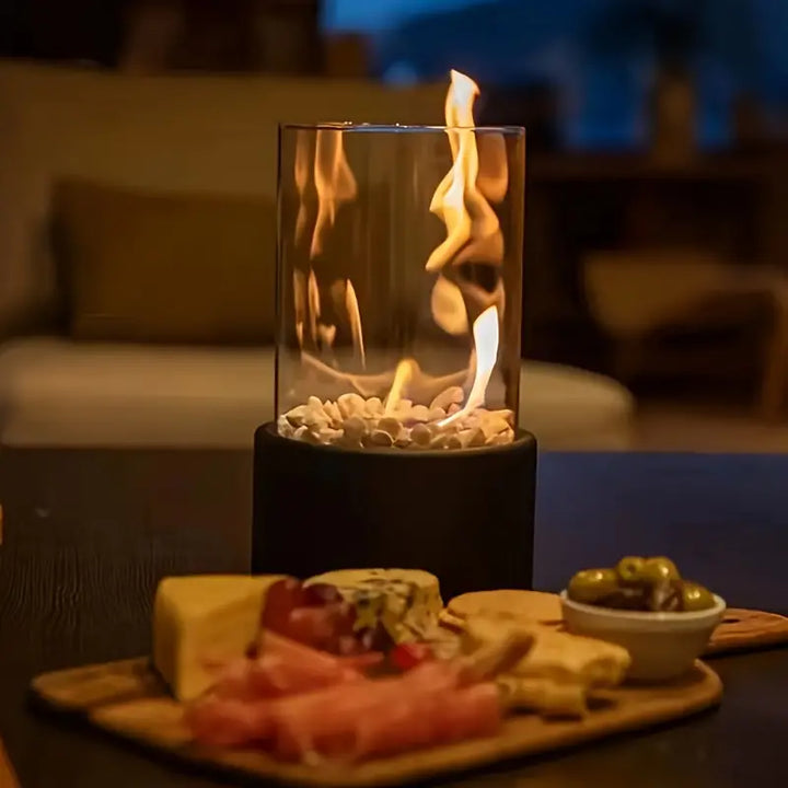 Rookvrije FireLuxe tafelhaard, compacte warmte en sfeer voor binnen en buiten; luxe en veilig ethanol vuur.
