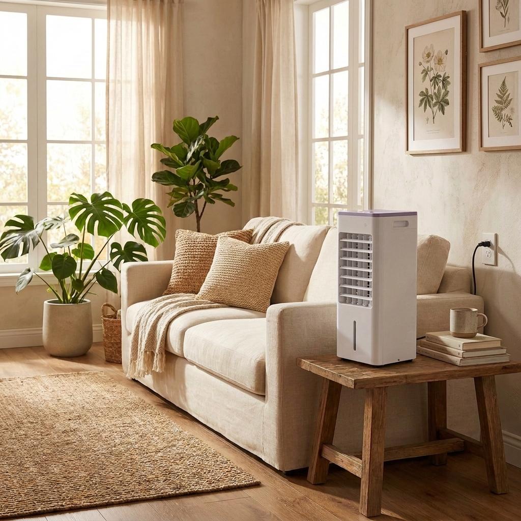 Stijlvolle mobiele airco geplaatst op een houten tafel in een modern interieur