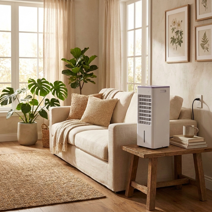Stijlvolle mobiele airco geplaatst op een houten tafel in een modern interieur