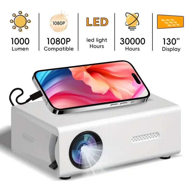 Draagbare mini beamer HD 720P met snelle focus, ideaal voor thuisbioscoop of kantoorpresentaties.