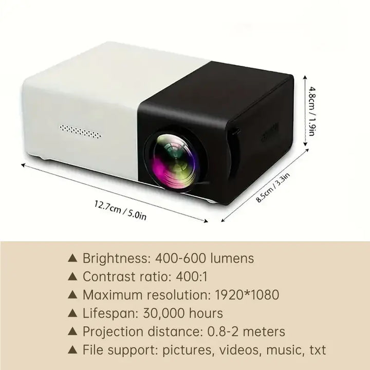 Ultra-draagbare LED miniprojector voor camping, reizen en presentaties buiten kantoor.