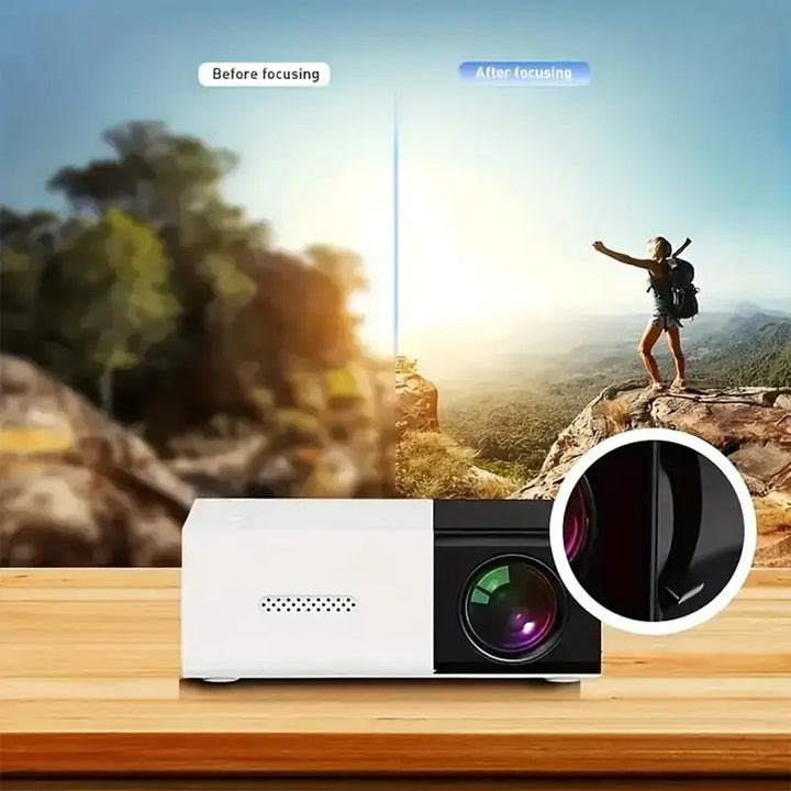Kleine draagbare LED projector met speakers, perfect voor presentaties op kantoor of bij klanten.