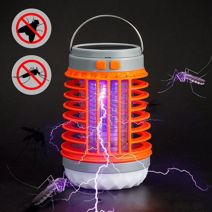 Compacte muggenverjager met zonnepaneel voor terras, camping en buitenleven.