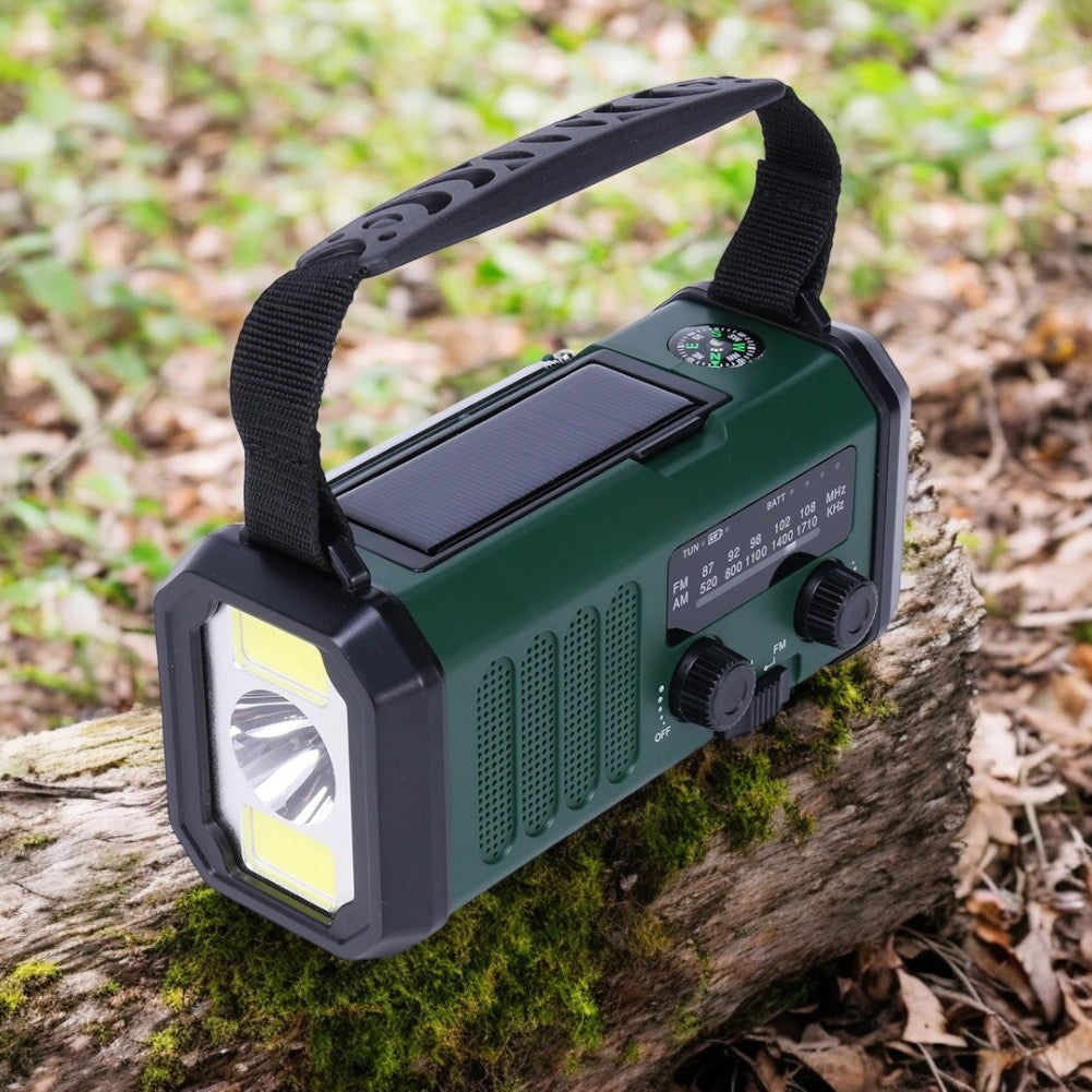 Draagbare noodradio met powerbank, AM/FM radio, LED zaklamp en zonne-energie opladen, perfect voor noodgevallen.