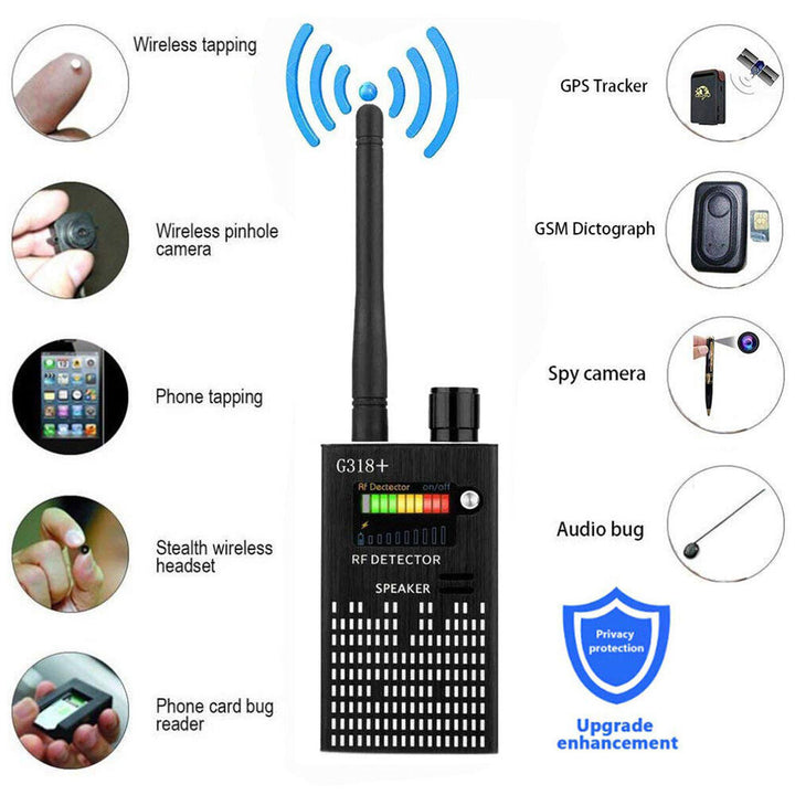 Compacte cameradetector met RF scanfunctie, ideaal voor privacybescherming thuis of op reis.
