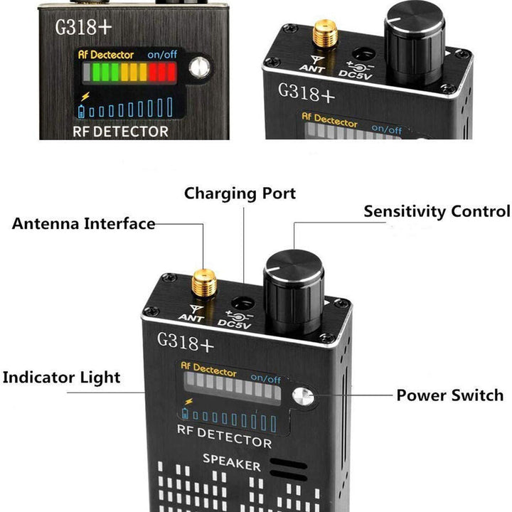 RF signaal- en cameradetector in hand, toont draagbaarheid en discrete beveiligingsoplossing.