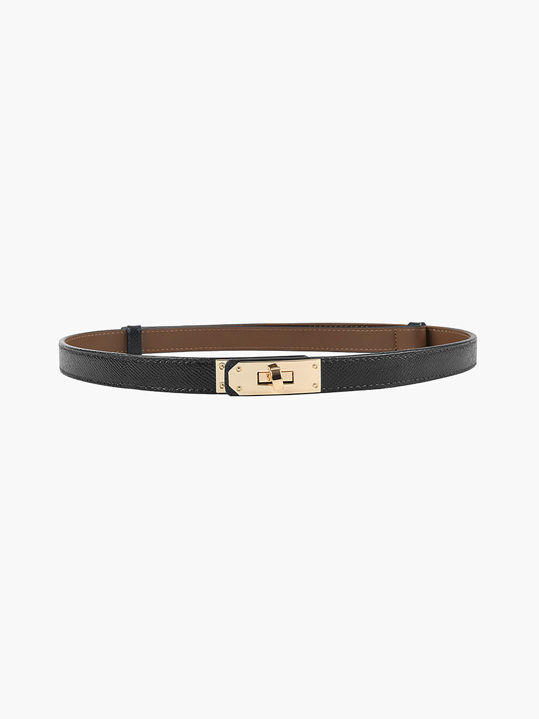 Dunne zwarte leren damesriem met stijlvolle goudkleurige gesp, een elegant fashion accessoire.