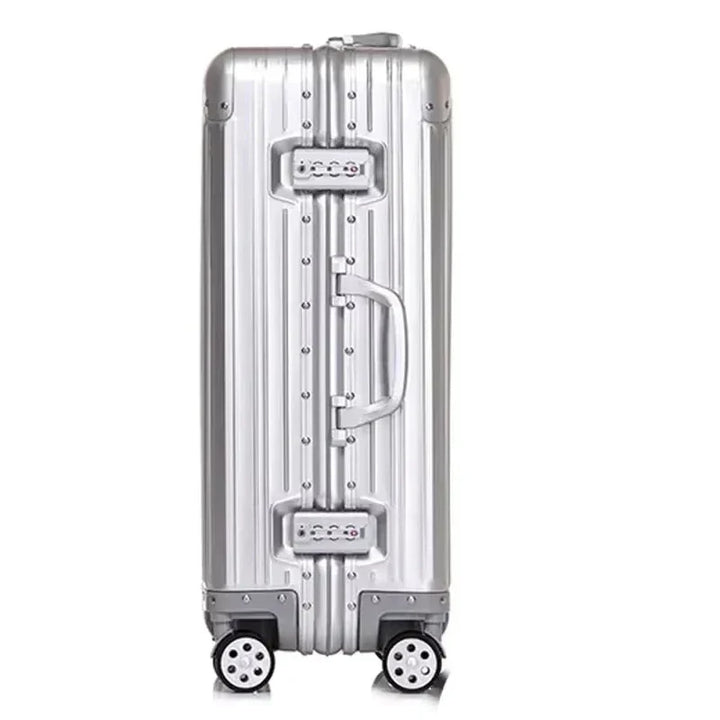 Sterke aluminium-magnesium reiskoffer, geschikt voor ruimbagage en lange zakenreizen, zeer duurzaam.