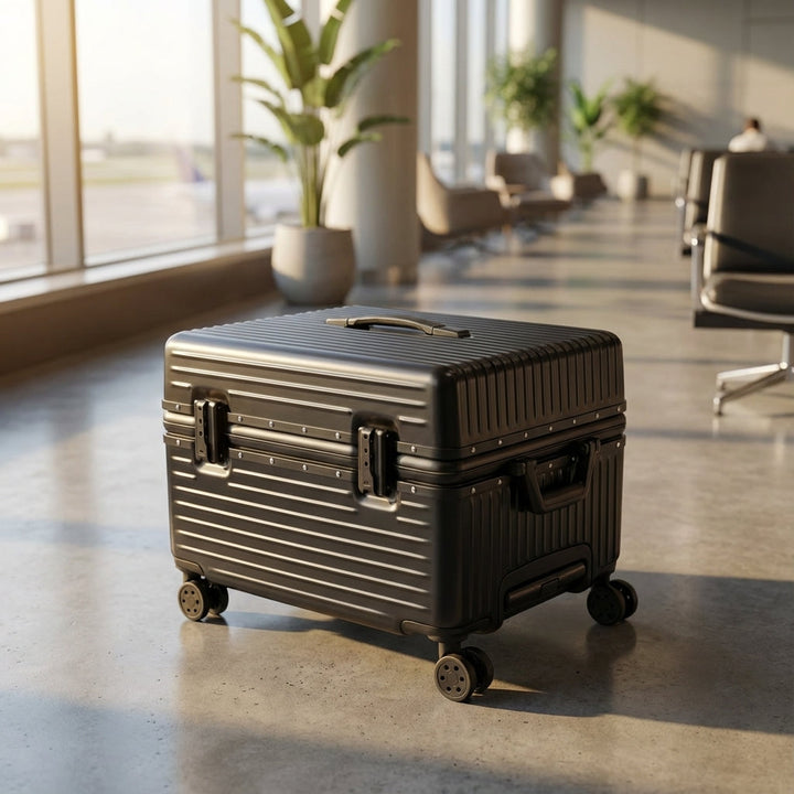 Duurzame handbagage reiskoffer van ABS PC met krasbestendig oppervlak en robuust aluminium frame.
