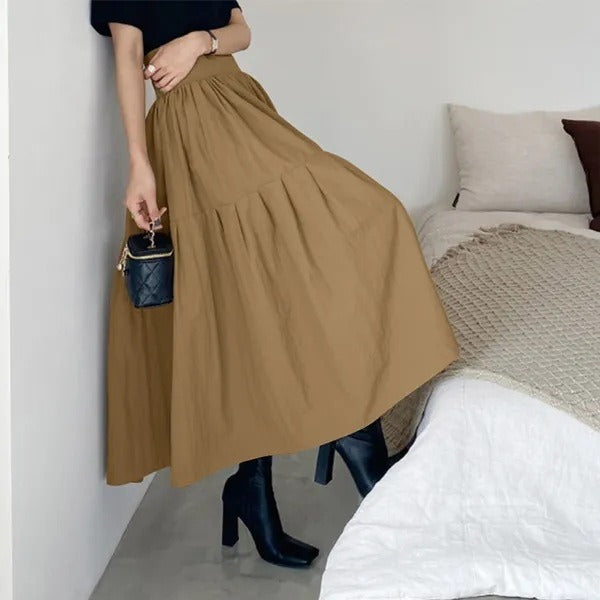 Dames lange khaki plooirok met hoge elastische taille