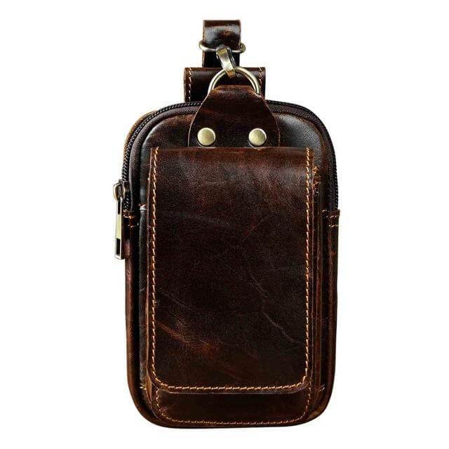 Multifunctionele leren riemtas heren, vintage look en praktisch design als telefoontasje.